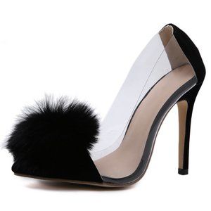 Suede Royal Holiday Stiletto Black Clear with Pom Pom SH001